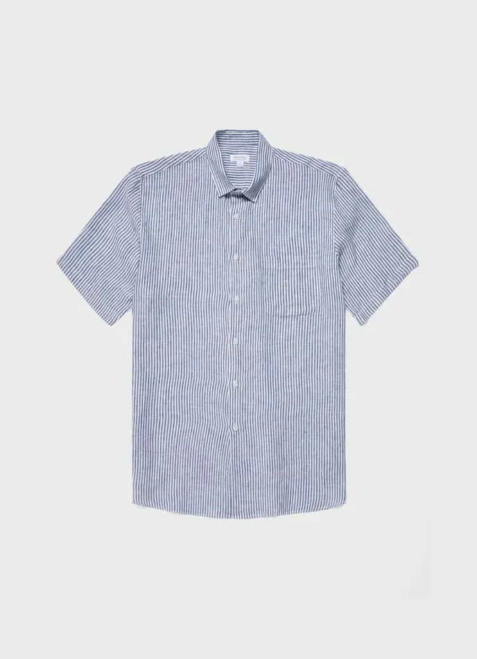 SUNSPEL Shirts Short Sleeve Linen Shirt Navywhite Stripe 8211 Men