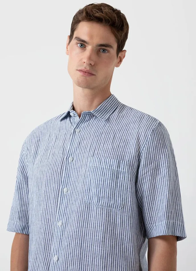 SUNSPEL Shirts Short Sleeve Linen Shirt Navywhite Stripe 8211 Men