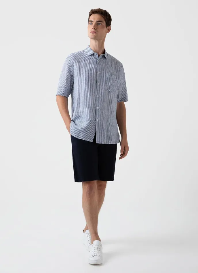 SUNSPEL Shirts Short Sleeve Linen Shirt Navywhite Stripe 8211 Men