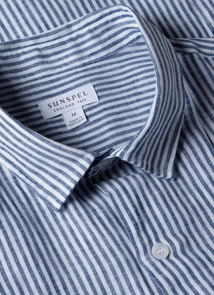 SUNSPEL Shirts Short Sleeve Linen Shirt Navywhite Stripe 8211 Men