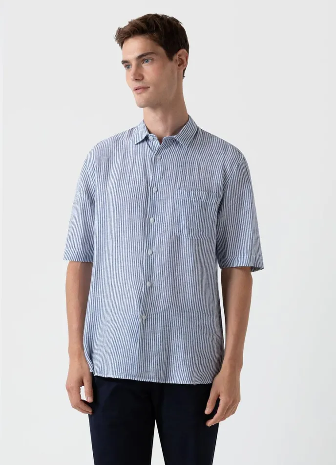 SUNSPEL Shirts Short Sleeve Linen Shirt Navywhite Stripe 8211 Men