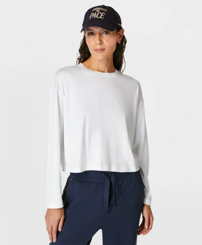 Sweaty Betty Essential Crop Long Sleeve Tee White Clothing Long Sleeve Tops