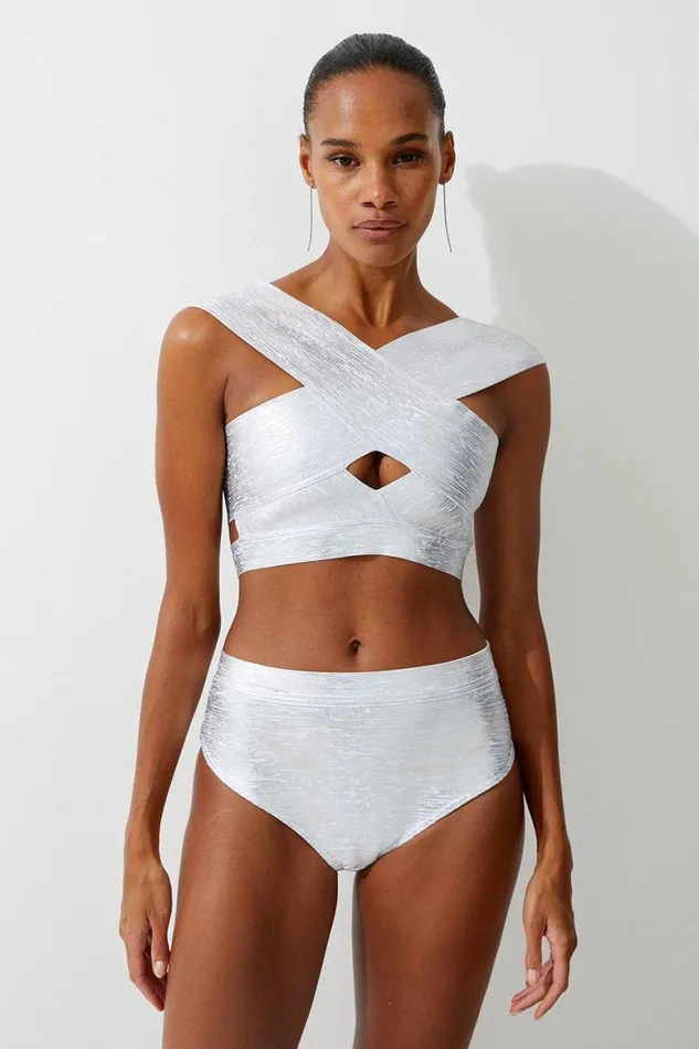 Swimwear Women Karen Millen Cross Front Foiled Bandage Bikini Top Silver