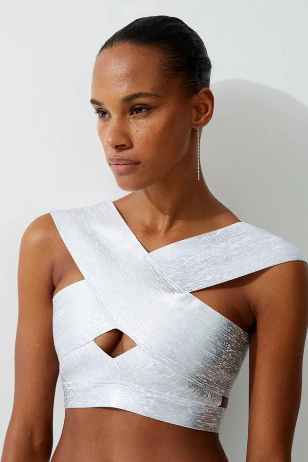 Swimwear Women Karen Millen Cross Front Foiled Bandage Bikini Top Silver