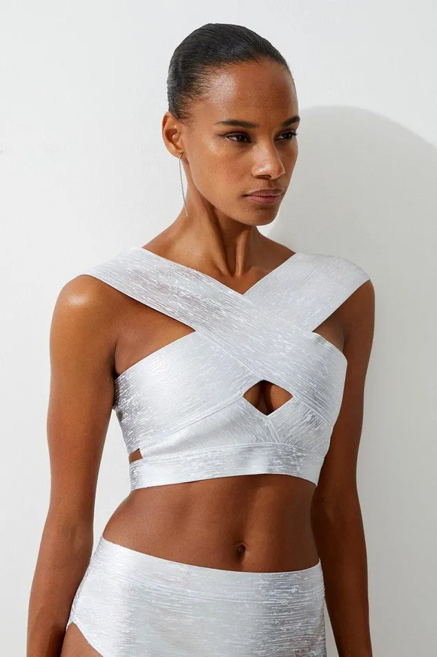 Swimwear Women Karen Millen Cross Front Foiled Bandage Bikini Top Silver
