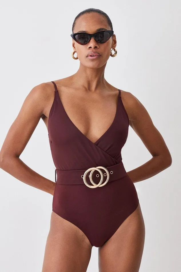 Swimwear Women Karen Millen Wrap Front Belted Swimsuit Brown