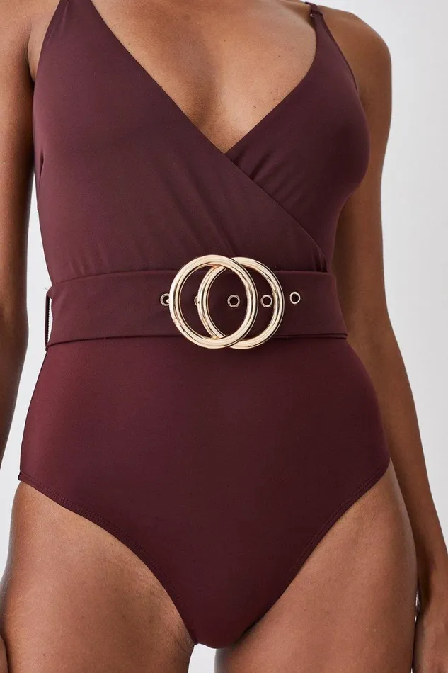 Swimwear Women Karen Millen Wrap Front Belted Swimsuit Brown