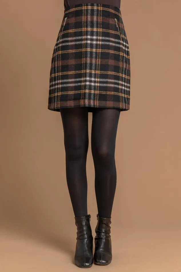 Tan Checked Zip Detail Brushed A Line Skirt Women Roman Skirts