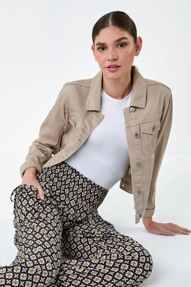 Taupe Abstract Print Stretch Hareem Trousers Women Roman Trousers