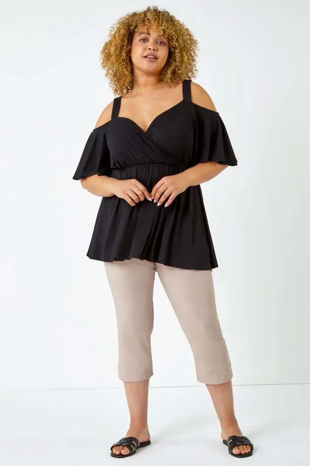 Taupe Curve Elastic Waist Stretch Cropped Trouser Women Roman Occasionwear