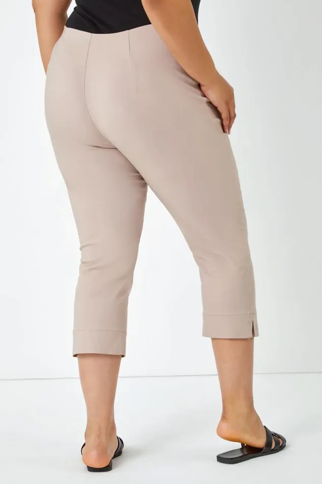 Taupe Curve Elastic Waist Stretch Cropped Trouser Women Roman Occasionwear