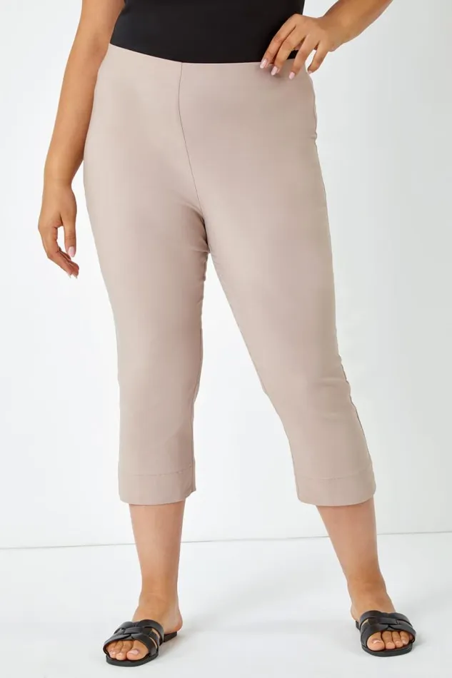 Taupe Curve Elastic Waist Stretch Cropped Trouser Women Roman Occasionwear