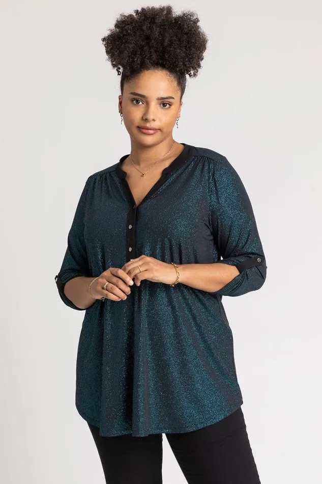 Teal Curve Glitter Stripe Button Detail Top Women Roman Tops