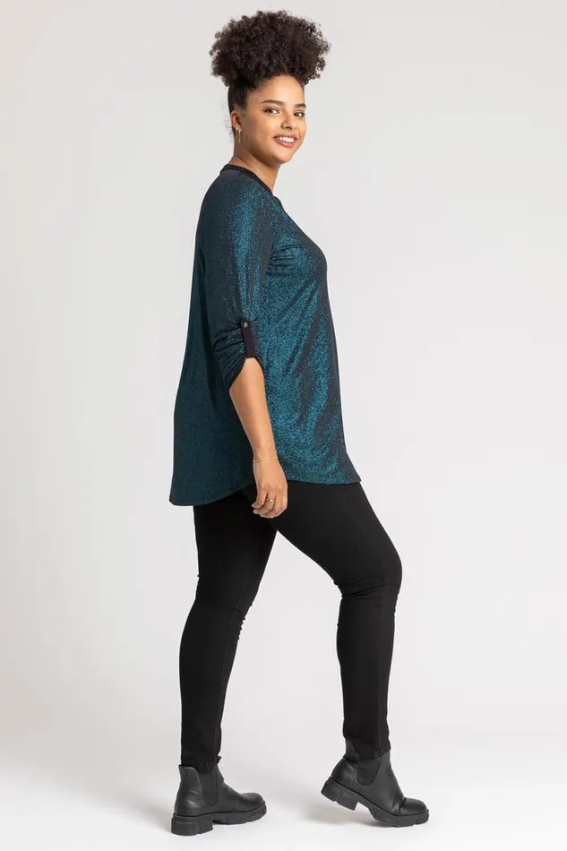 Teal Curve Glitter Stripe Button Detail Top Women Roman Tops