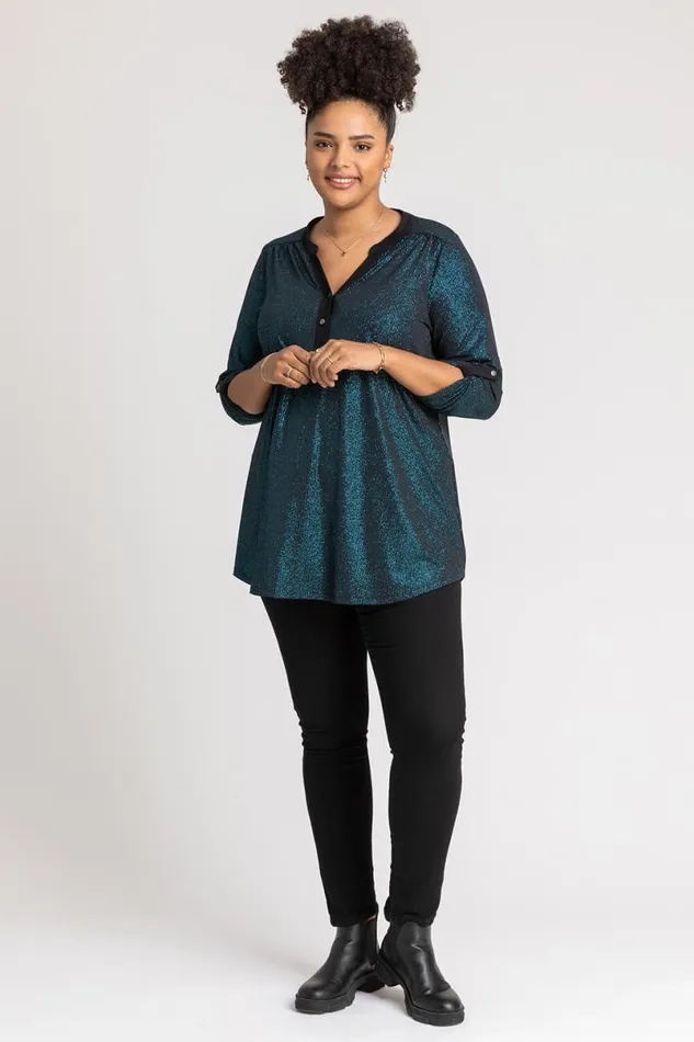 Teal Curve Glitter Stripe Button Detail Top Women Roman Tops