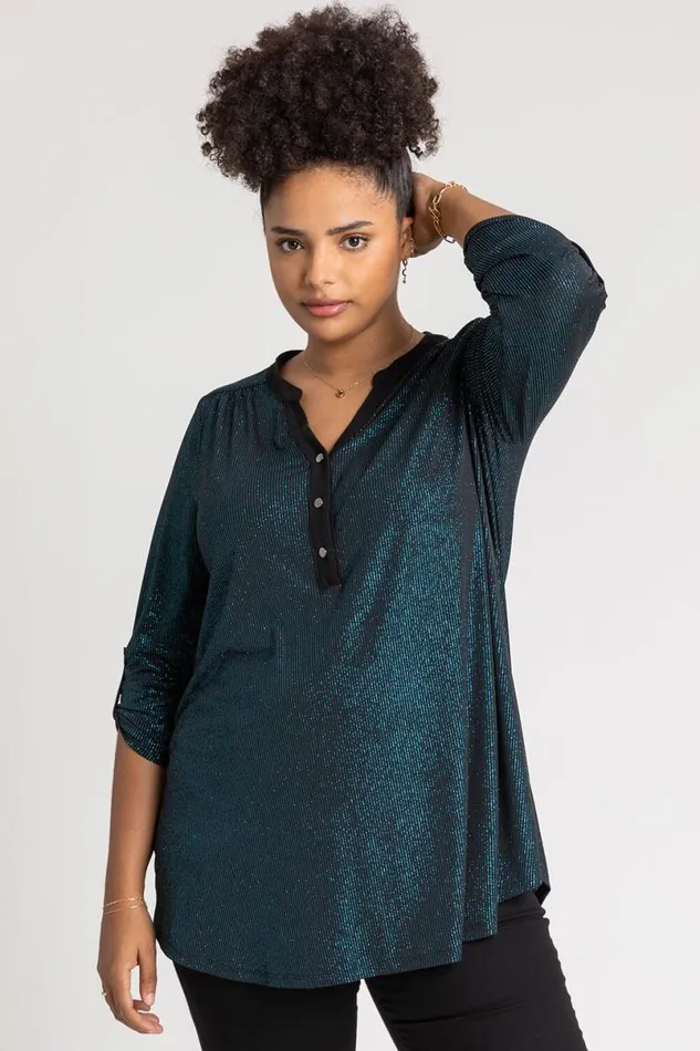 Teal Curve Glitter Stripe Button Detail Top Women Roman Tops
