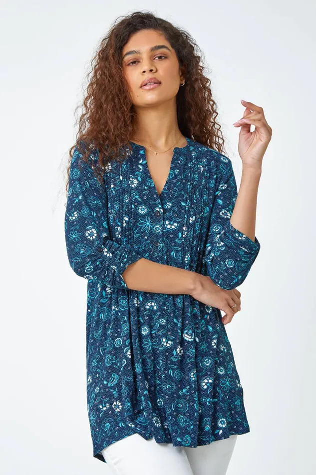 Teal Ditsy Floral VNeck Pintuck Stretch Top Women Roman Tops