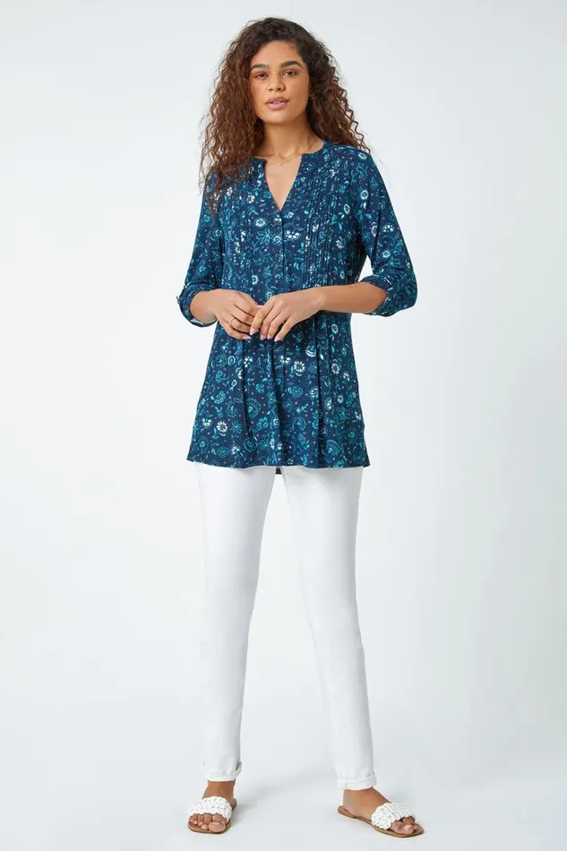 Teal Ditsy Floral VNeck Pintuck Stretch Top Women Roman Tops