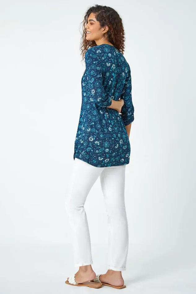 Teal Ditsy Floral VNeck Pintuck Stretch Top Women Roman Tops
