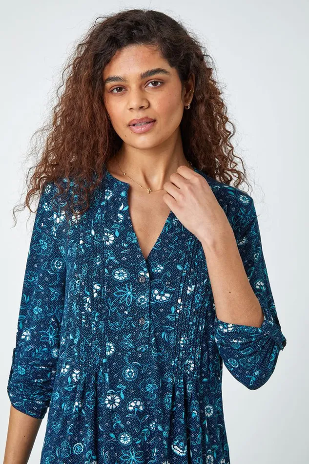 Teal Ditsy Floral VNeck Pintuck Stretch Top Women Roman Tops