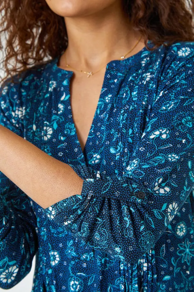 Teal Ditsy Floral VNeck Pintuck Stretch Top Women Roman Tops