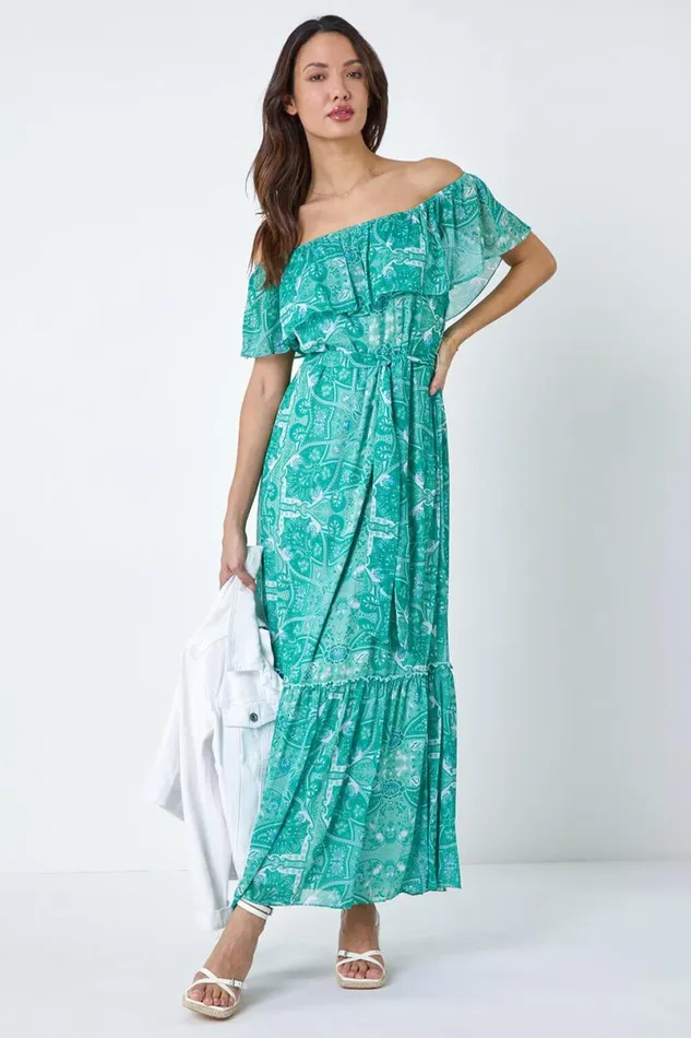 Teal Paisley Print Tiered Maxi Dress Women Roman Dresses