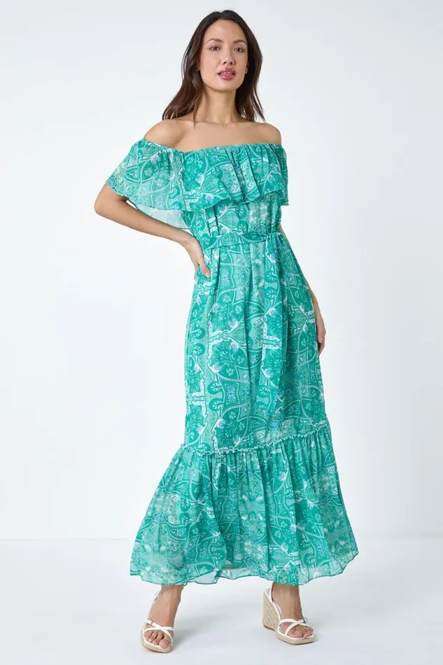 Teal Paisley Print Tiered Maxi Dress Women Roman Dresses