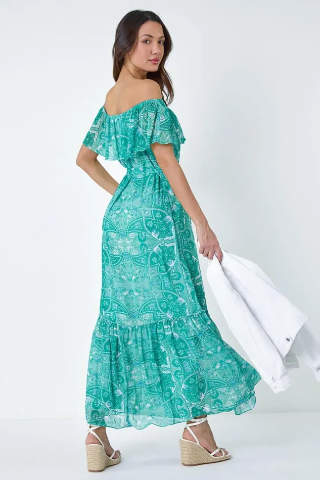 Teal Paisley Print Tiered Maxi Dress Women Roman Dresses