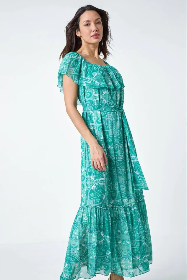Teal Paisley Print Tiered Maxi Dress Women Roman Dresses