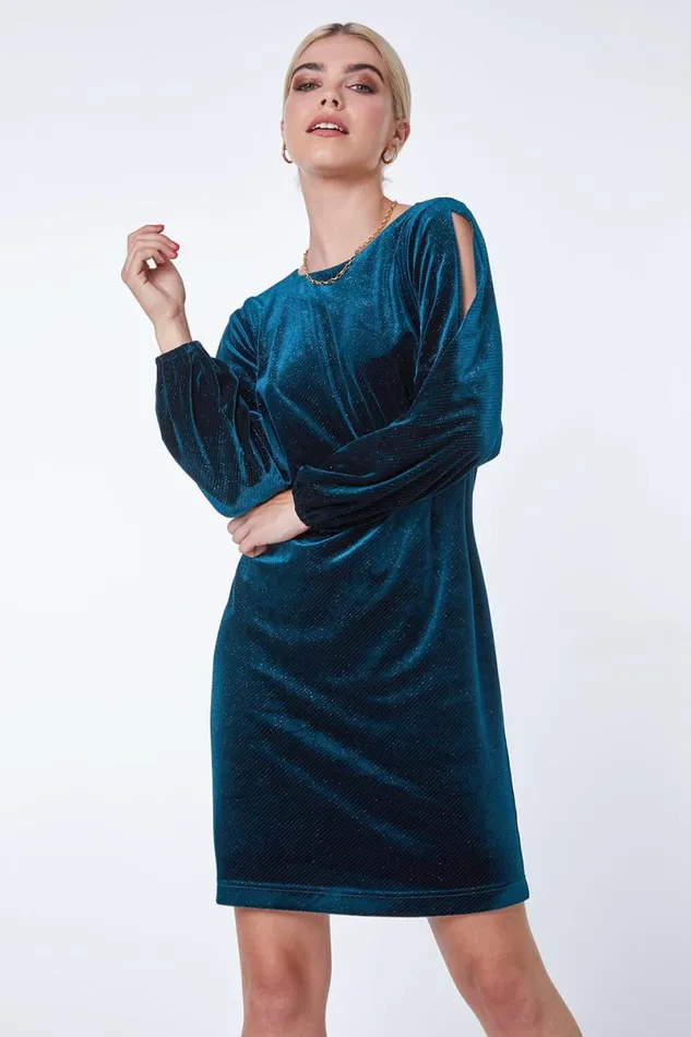 Teal Split Sleeve Velvet Mini Dress Women Roman Dresses