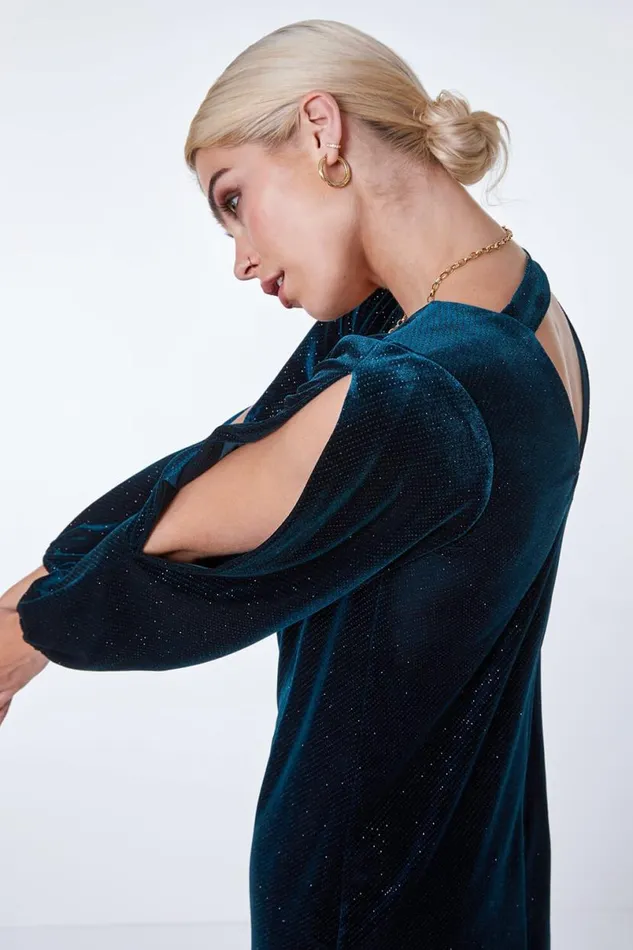 Teal Split Sleeve Velvet Mini Dress Women Roman Dresses