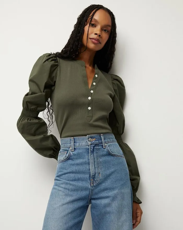Tops and Tees Shop Veronica Beard Effy PuffSleeve Top Army