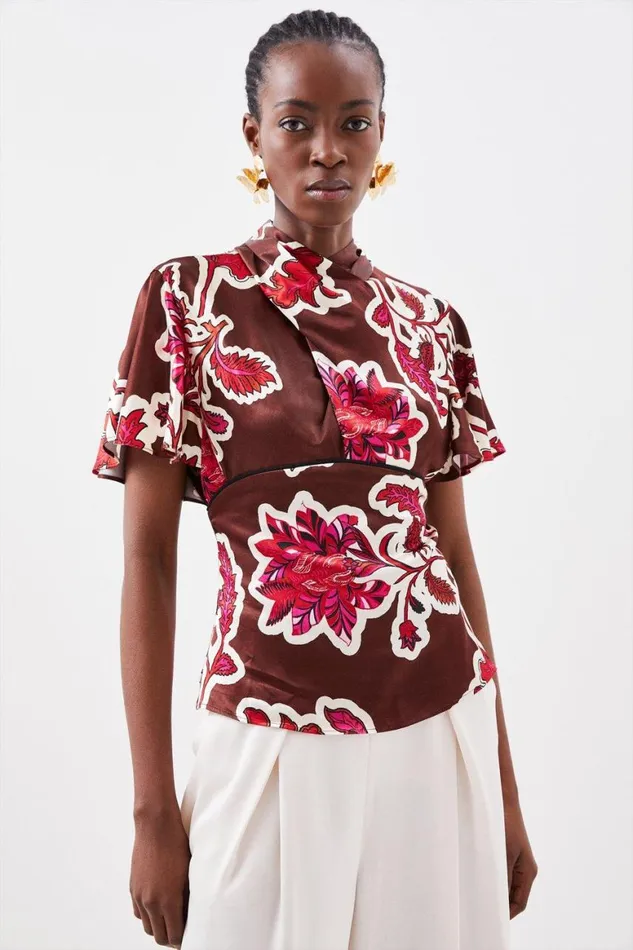 Tops Women Karen Millen Batik Viscose Satin Angel Sleeve Woven Blouse Floral