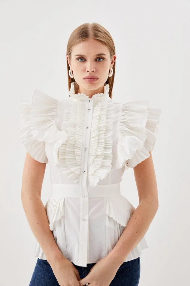 Tops Women Karen Millen Cap Sleeve Pleated Ruffle Woven Shirt White