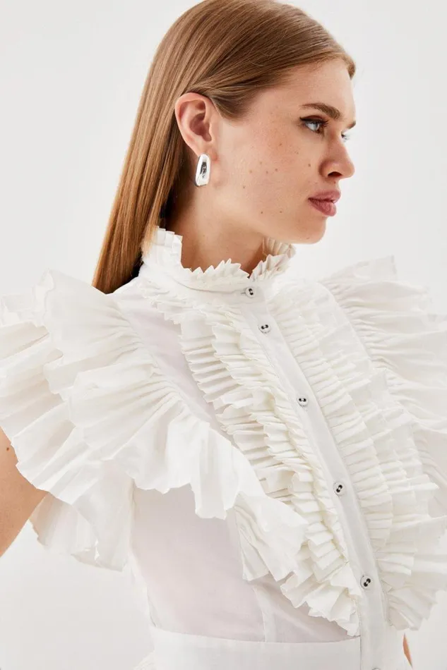Tops Women Karen Millen Cap Sleeve Pleated Ruffle Woven Shirt White