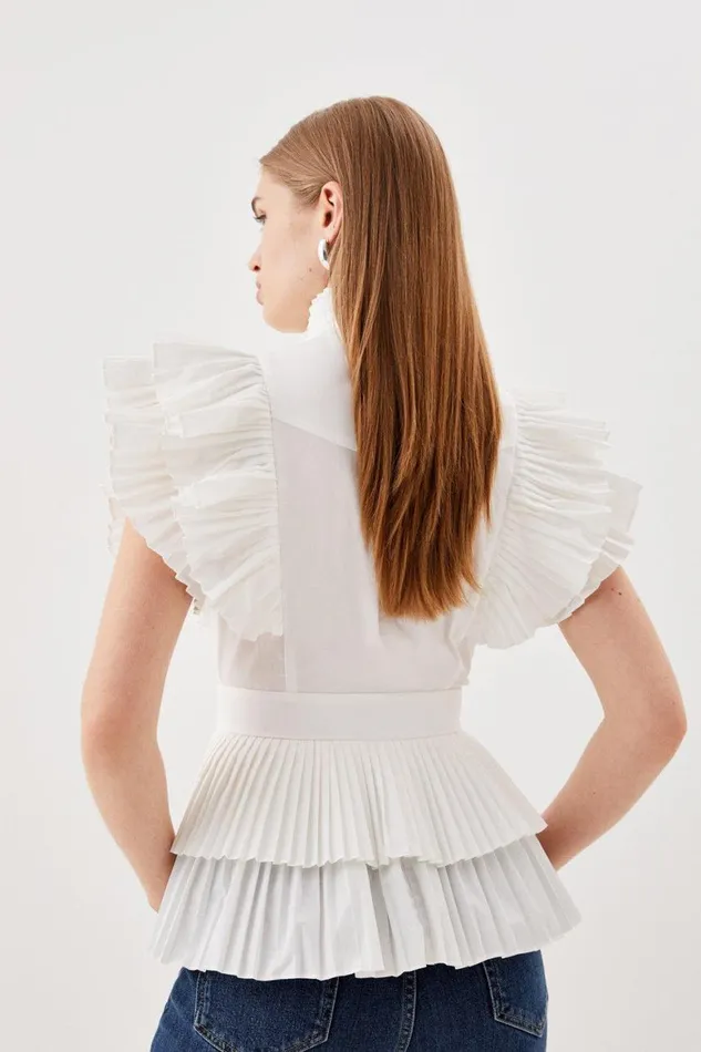 Tops Women Karen Millen Cap Sleeve Pleated Ruffle Woven Shirt White