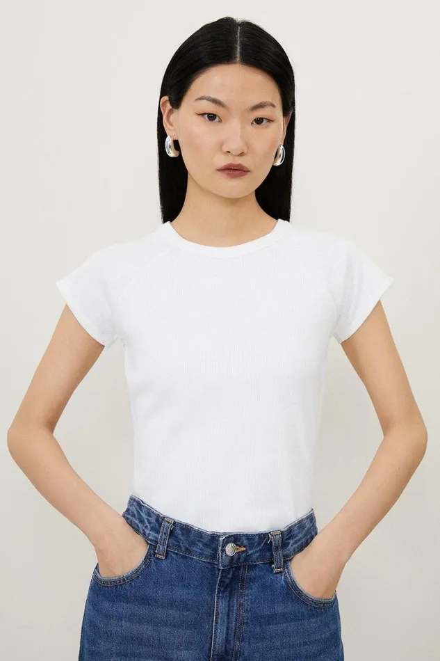 Tops Women Karen Millen Compact Jersey Rib Cap Sleeve Tee White