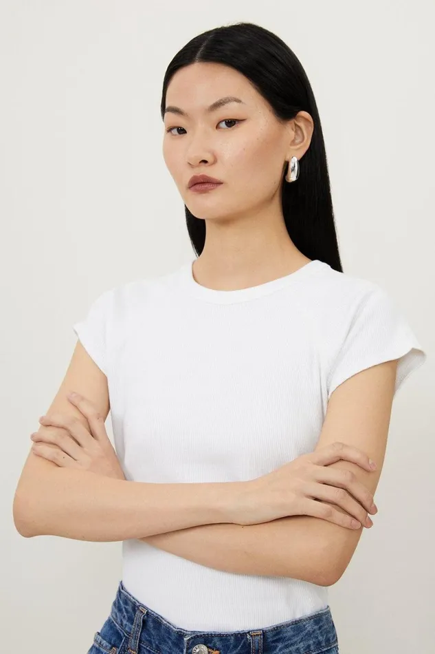 Tops Women Karen Millen Compact Jersey Rib Cap Sleeve Tee White