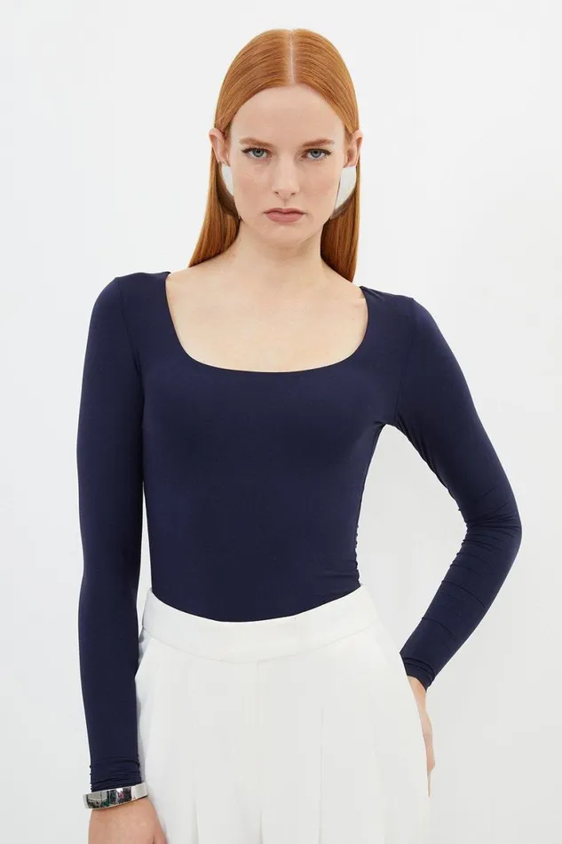 Tops Women Karen Millen Contour Jersey Square Neck Long Sleeve Top Navy