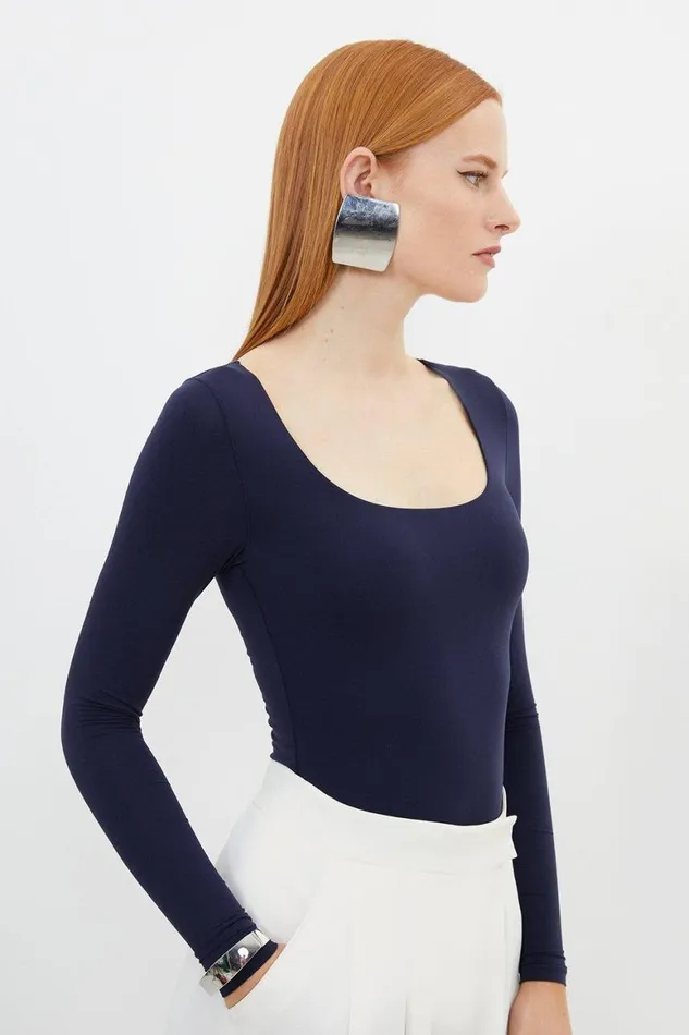 Tops Women Karen Millen Contour Jersey Square Neck Long Sleeve Top Navy