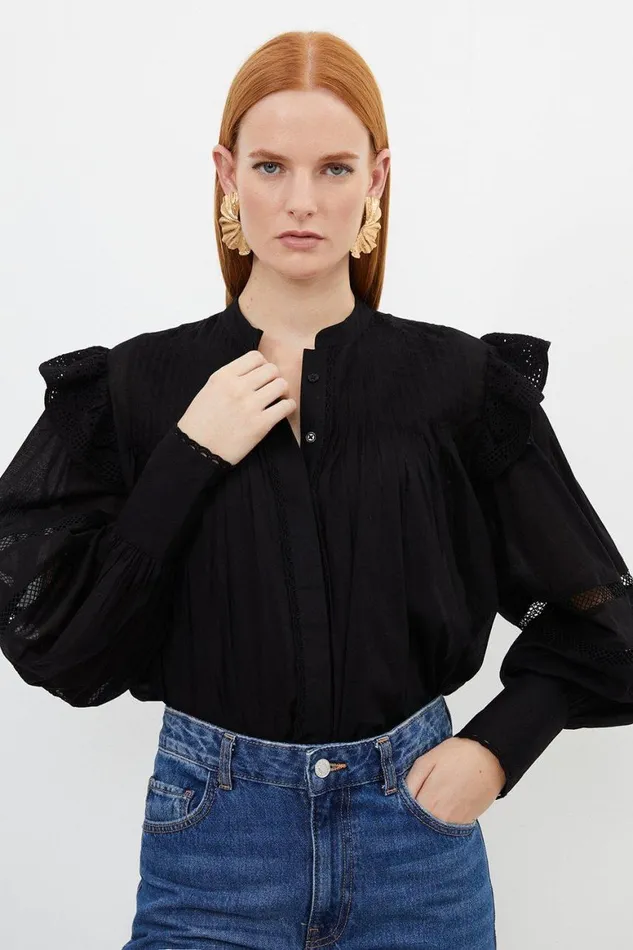 Tops Women Karen Millen Cotton Lace Trim High Neck Woven Top Black