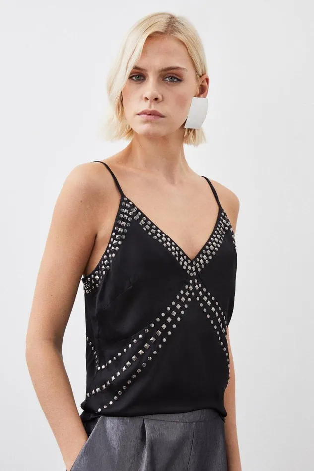 Tops Women Karen Millen Embellished Stud Satin Woven Cami Top Black