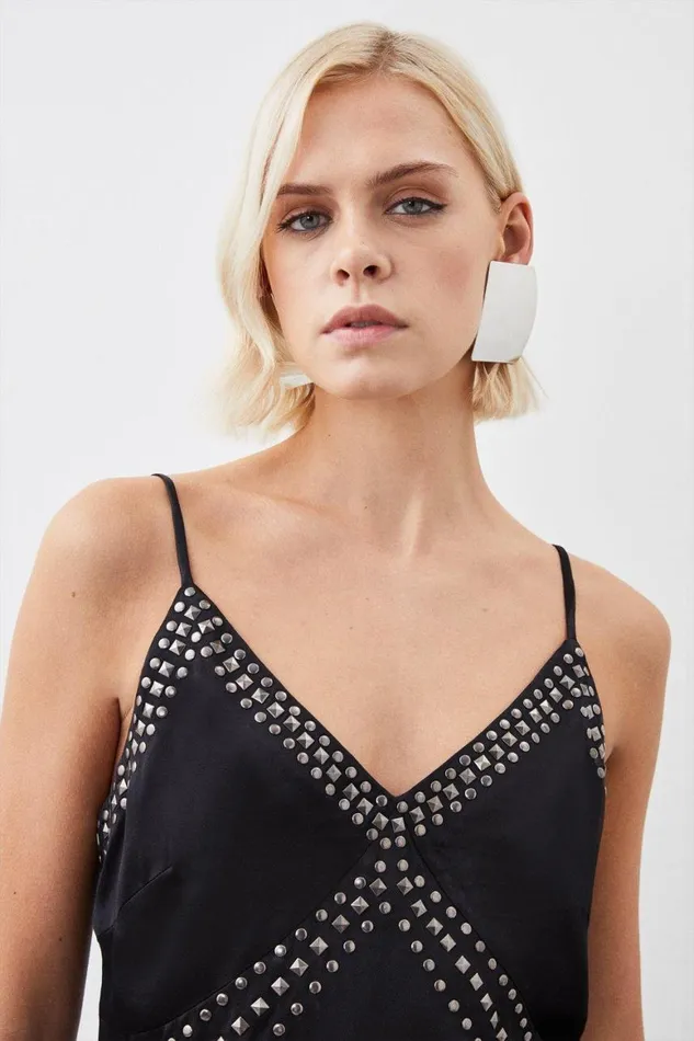 Tops Women Karen Millen Embellished Stud Satin Woven Cami Top Black