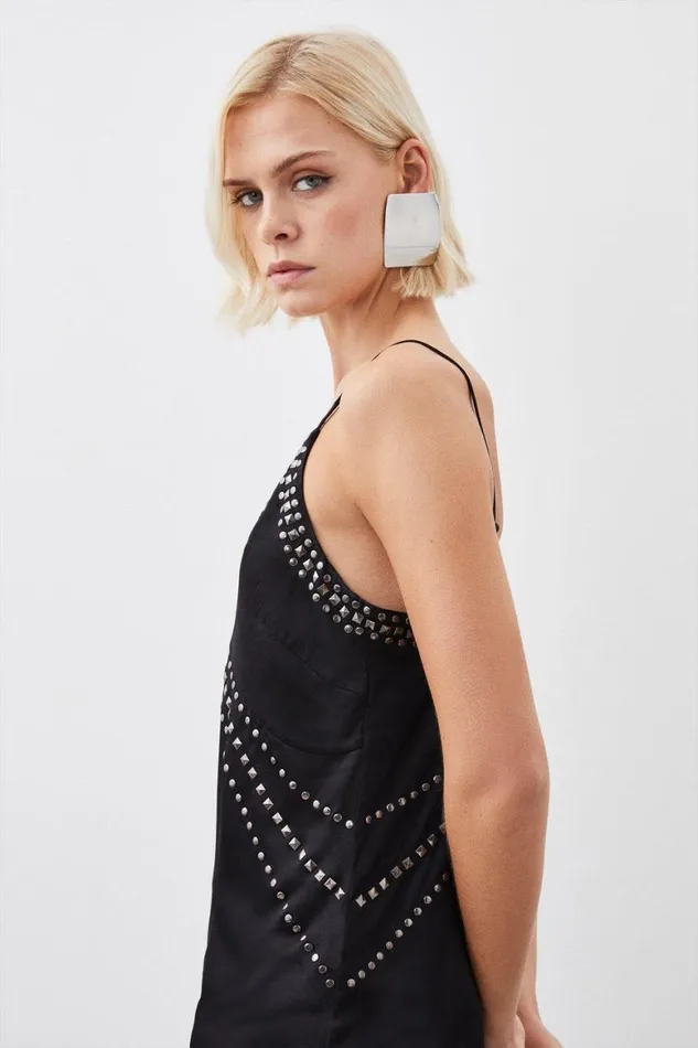 Tops Women Karen Millen Embellished Stud Satin Woven Cami Top Black