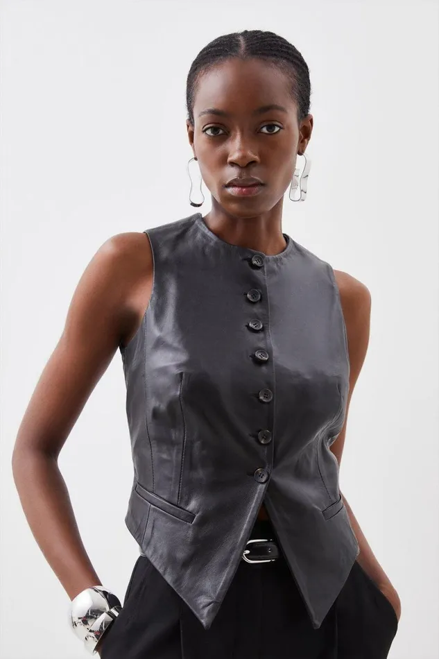 Tops Women Karen Millen Leather Tailored Button Waistcoat Black