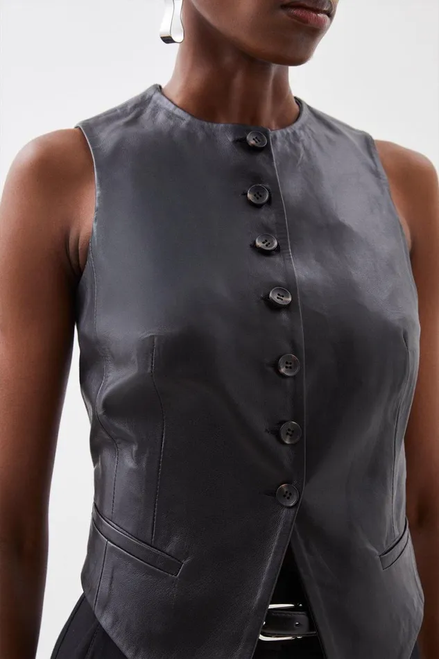 Tops Women Karen Millen Leather Tailored Button Waistcoat Black