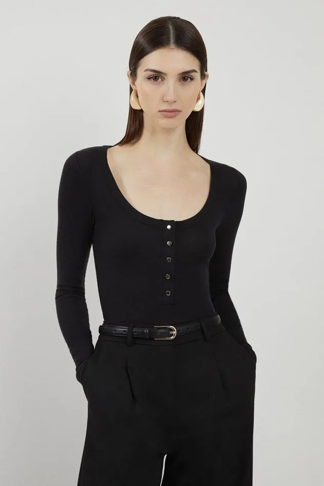 Tops Women Karen Millen Lux Viscose Rib Jersey Long Sleeve Scoop Neck Top Black Tops Women Karen Millen Lux Viscose Rib Jersey Long Sleeve Scoop Neck Top Black