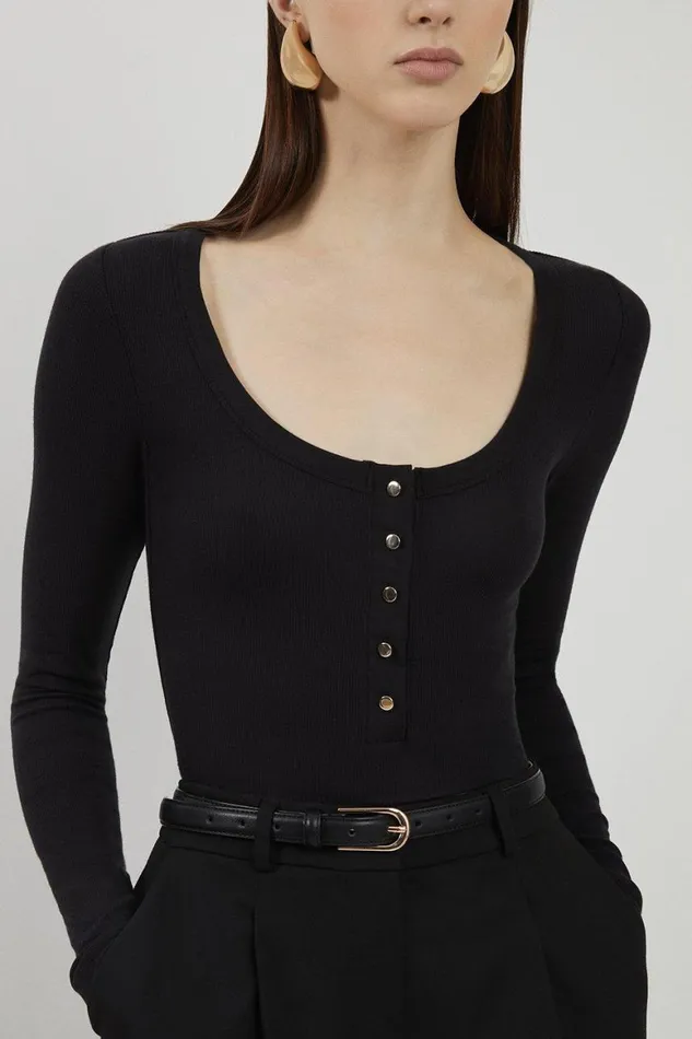 Tops Women Karen Millen Lux Viscose Rib Jersey Long Sleeve Scoop Neck Top Black