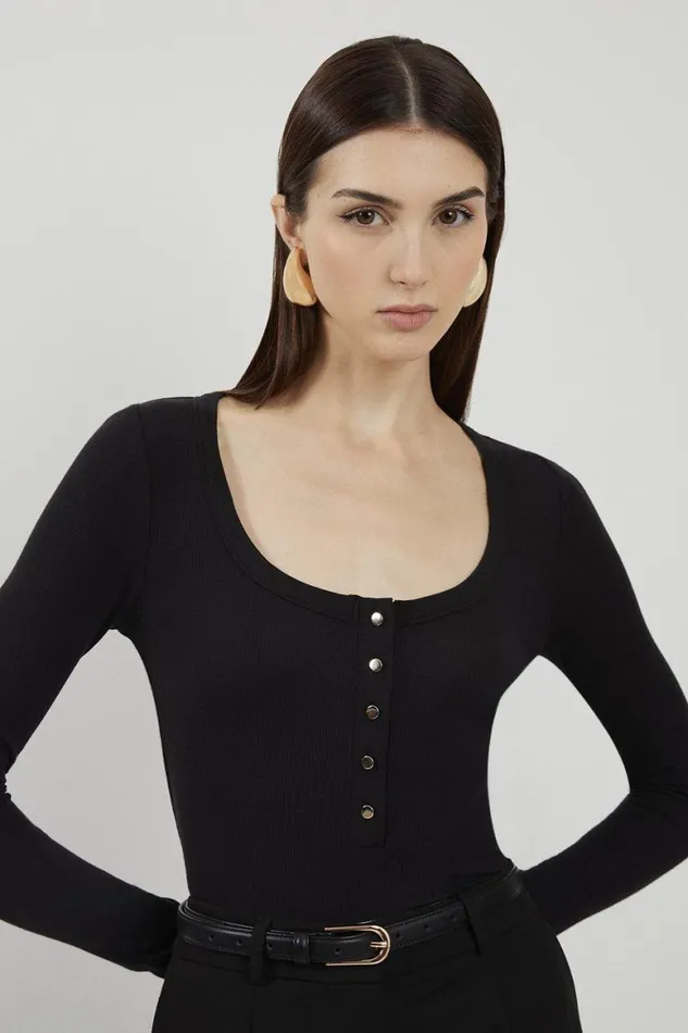 Tops Women Karen Millen Lux Viscose Rib Jersey Long Sleeve Scoop Neck Top Black