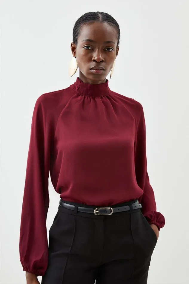 Tops Women Karen Millen Pleated Georgette Woven Top Fig